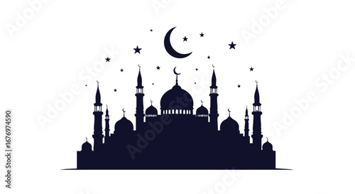 Silhouette of an islamic mosque at night with crescent moon and stars creating a peaceful and spiritual atmosphere during ramadan and eid al-adha