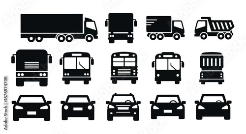 Black Transportation Icons Trucks, Buses, Cars - Various Vehicles in Silhouette