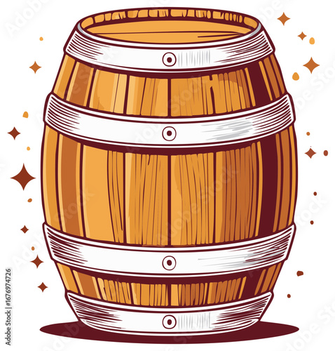 Artistic wood cask illustration with metal hoops and sparkling highlights adds character and vintage appeal to any creative project