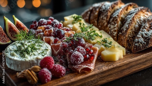 Gourmet cheese and bread board with figs, fruit, and meats by fireplace
