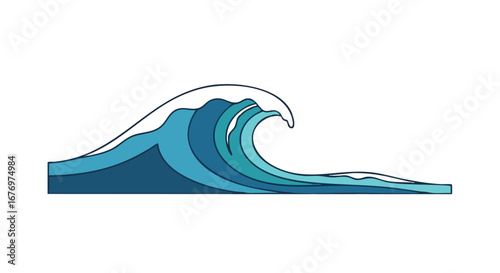 Simple vector illustration displaying a single large ocean wave with diverse shades of blue and a white crest creating a visual effect