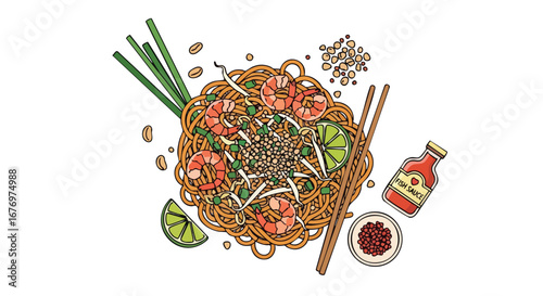 Vibrant overhead view of a sketched shrimp pad thai dish with fresh lime and savory fish sauce in a bottle