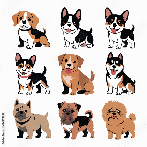 Nine different breeds of cartoon dogs in a grid on a white background puppy beagle
