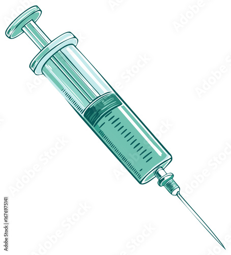 Hand drawn medical syringe illustration with a needle and teal liquid for vaccination or treatment