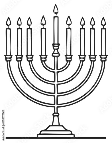 Traditional nine-branched menorah with lit candles outlined in black and white