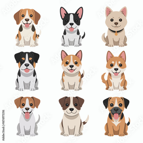 Collection of nine cute cartoon dog breeds sitting happily on a white background puppy