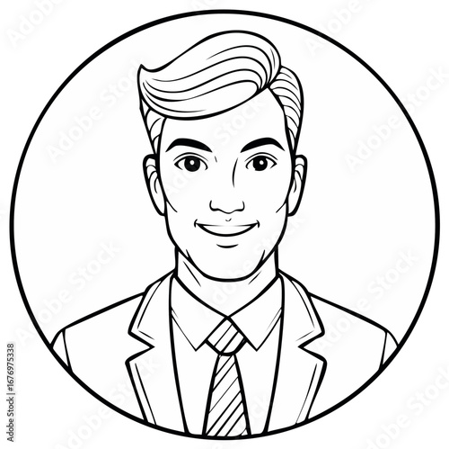 Smiling Businessman Portrait in Circle, Black and White Illustration