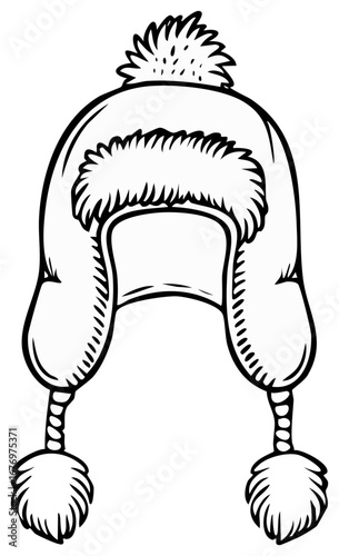 Winter Hat with Pom Poms and Ear Flaps, Illustration for Coloring Book Page