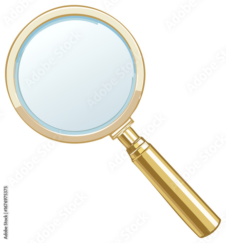 Magnifying glass tool with shiny gold frame for close-up inspection