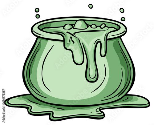 Bubbling green potion overflowing from a magical cauldron illustration