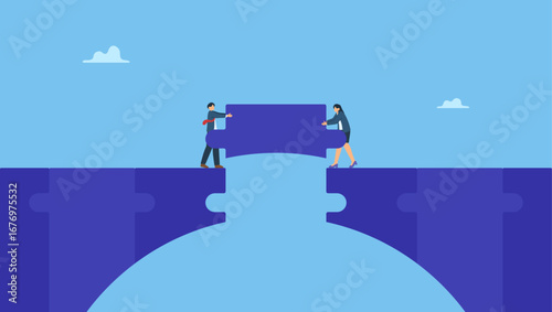 Business team help building the bridge jigsaw puzzle to connect the way. Build business bridge connect path together, solution or teamwork idea, cooperation or collaboration to success together.