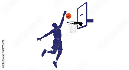 A dynamic vector illustration showcasing a basketball player in mid-air executing a slam dunk with agility and power in a minimalist style