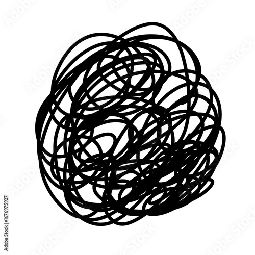 Abstract black scribble swirl, messy circular sketch style, random chaotic hand-drawn art.