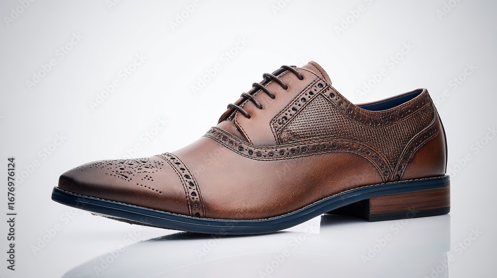 Fototapeta premium Handcrafted leather shoes displayed at an angle, showcasing fine details and timeless fashion appeal.