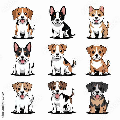 Nine cartoon dogs of different breeds sitting on a white background puppy illustration