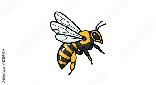 Animated flying honeybee with translucent wings isolated on white background, illustration of insect life cycle and pollination process in