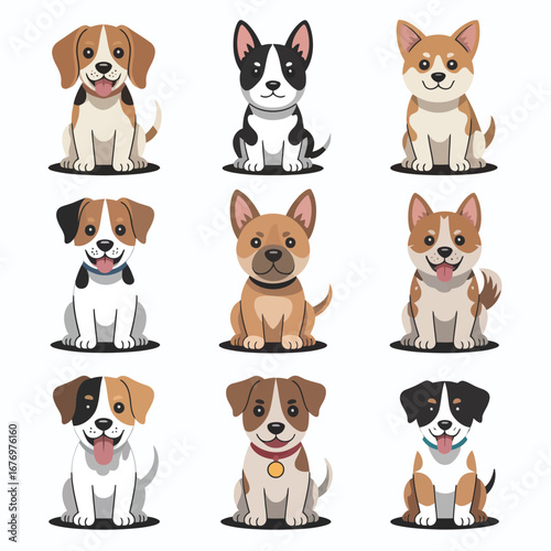Nine cartoon dogs of different breeds sitting on a white background puppy illustration