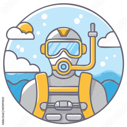 Scuba diver illustration in circle with sea diving suit and mask cartoon graphic vector art