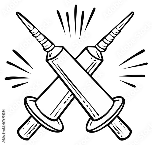 Vector Tattoo Style Illustration of Crossed Ink Pens with Rays for Creative Industries