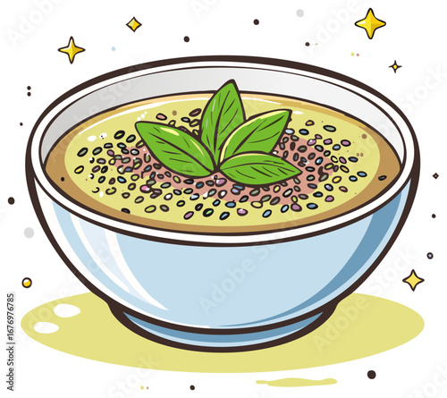 Cartoon illustration of a bowl of soup with basil leaves