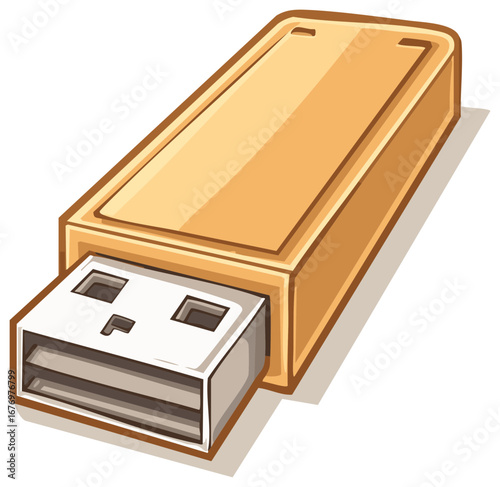 Illustration of a USB flash drive with golden case and silver tip for data transfer and storage