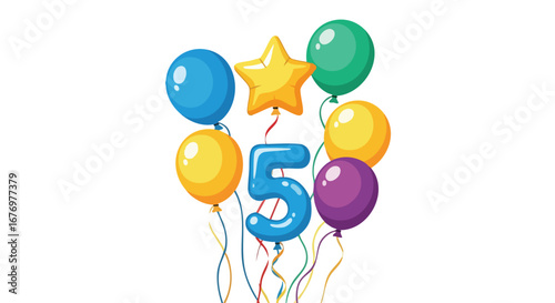 Vibrant Fifth Anniversary Celebration with Balloons and Number Five, Marking a Special Milestone with Joyful Festivity and Colorful Design
