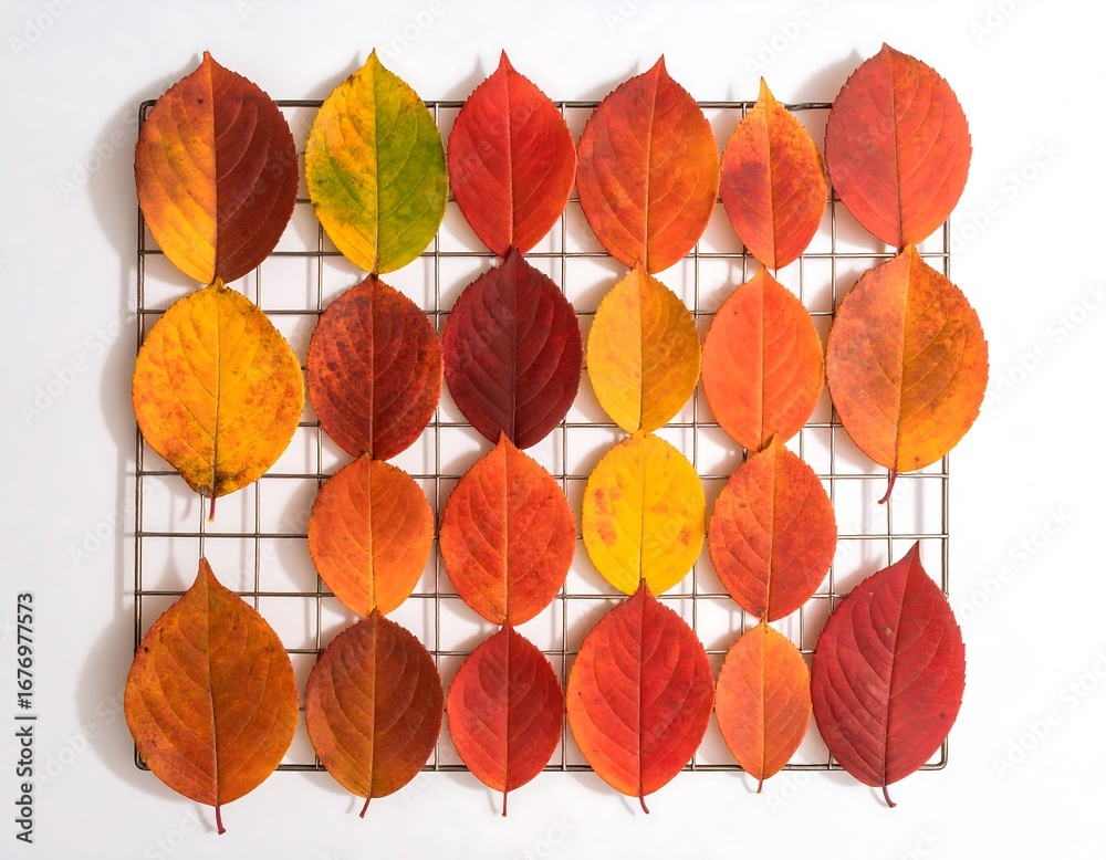 Obraz premium Autumn leaves arranged on a grid
