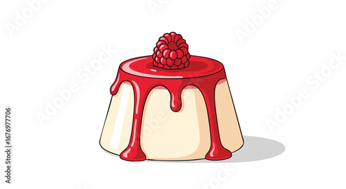 Delightful raspberry panna cotta illustration with vibrant red glaze and berry garnish evoking a sense of sweet indulgence and culinary creativity