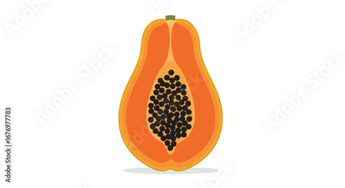 Vibrant and Detailed Illustration of a Papaya Slice Displaying its Unique Coloration and Seed Arrangement in a Minimalist Design