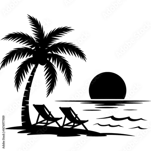 Tropical beach scene with palm tree and chairs isolated on transparent background