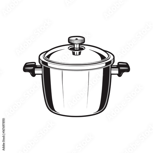 Culinary Essential: This eye-level, monochrome image showcases a classic cooking pot with its lid in sharp focus. It radiates simplicity and functionality.
