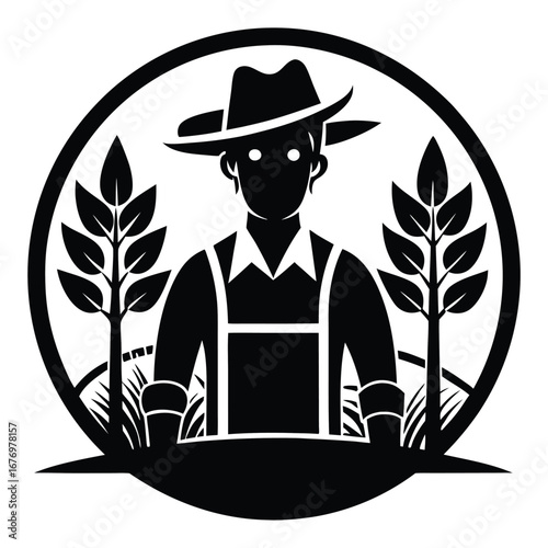 Black Silhouette of Farmer with Hat, Surrounded by Plants in Circular Frame Design