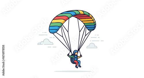 Vibrant parachute adventure: A colorful illustration of a solo skydiver enjoying the freedom of open air flight near fluffy clouds