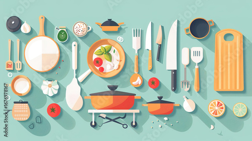 Vibrant Food Cooking Background Illustration: Steaming Dishes, Fresh Ingredients, and Culinary Tools Set in Rustic Kitchen Aesthetics – Dynamic Visuals for Recipe Blogs, Cookbook Designs