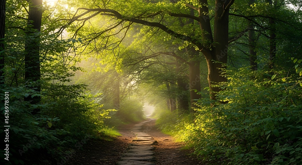 Obraz premium Sunlight Path Through Lush Forest.