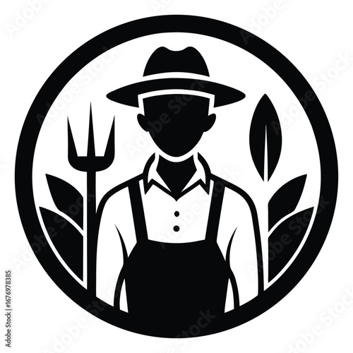 Black Vector Illustration of Farmer with Pitchfork and Plants Inside a Circle Shape
