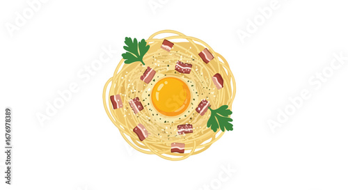 A cartoon illustration of a classic carbonara dish featuring pasta, bacon, egg yolk and some fresh parsley atop a clear white background