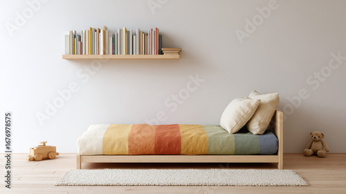 Charming minimalist children's room featuring a small wooden bed with pastel rainbow-striped linen and a cozy atmosphere. Perfect for a playful and serene environment.