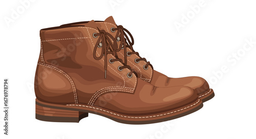Illustration showcasing a detailed brown leather work boot with laces and decorative stitching for product marketing material creation
