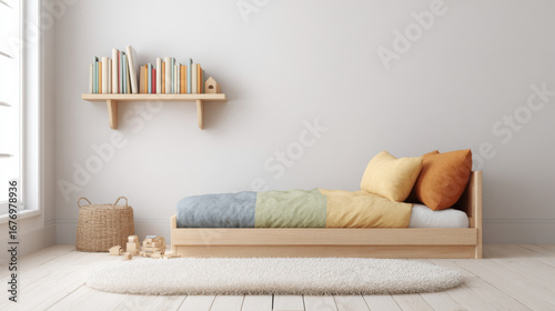 Charming minimalist children's room featuring a small wooden bed with pastel rainbow-striped linen and a cozy atmosphere. Perfect for a playful and serene environment.