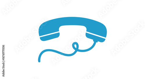 Azure blue vintage telephone handset icon on white backdrop, connecting to retro communication representing call connection service communication
