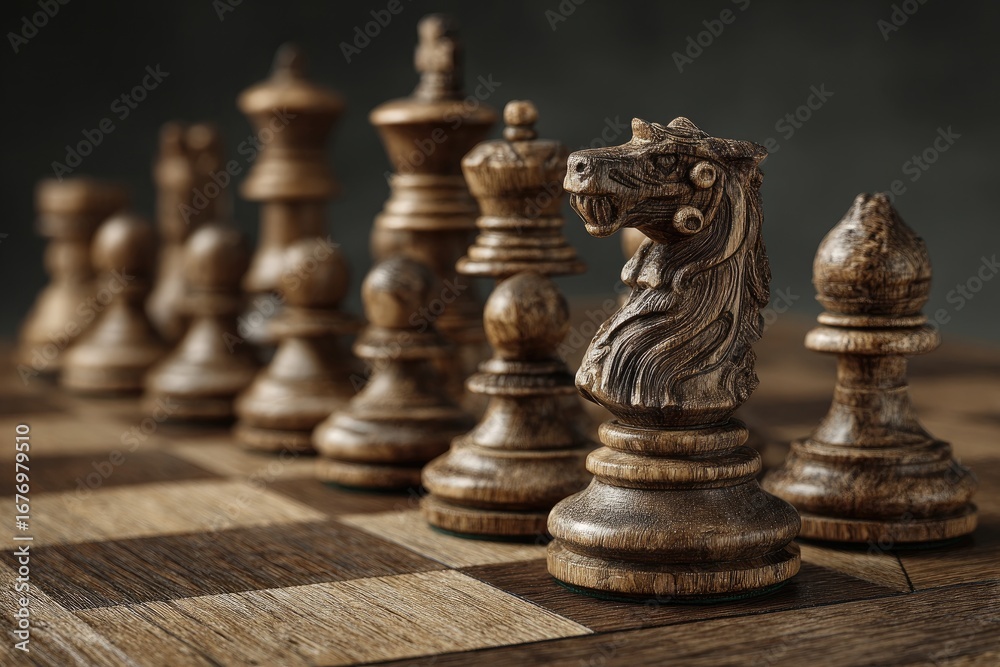 Fototapeta premium Wooden Chess Pieces on Board, Strategic Position, Dark Background, Game Preparation