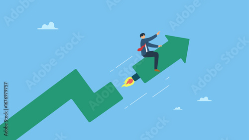 Businessman riding rising up arrow with rocket booster. Investment growth boosting profit earning, increase market return or boost growth, growing fast, startup launch project or improvement.