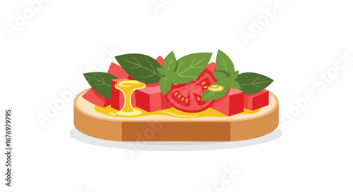 Fresh basil and tomato bruschetta icon featuring vibrant ingredients on toasted bread, a modern culinary delight showcasing vibrant colors and