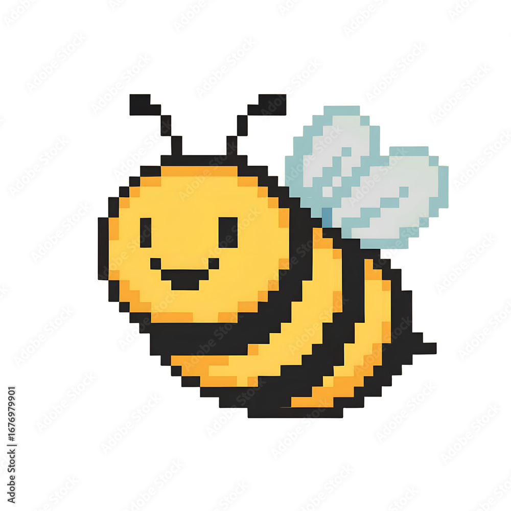 Fototapeta premium A cute, pixelated bee smiling with its yellow and black stripes, on transparent background PNG