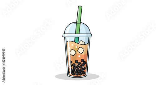 Refreshing boba tea illustration featuring tapioca pearls, ice cubes, and a green straw in a transparent cup design