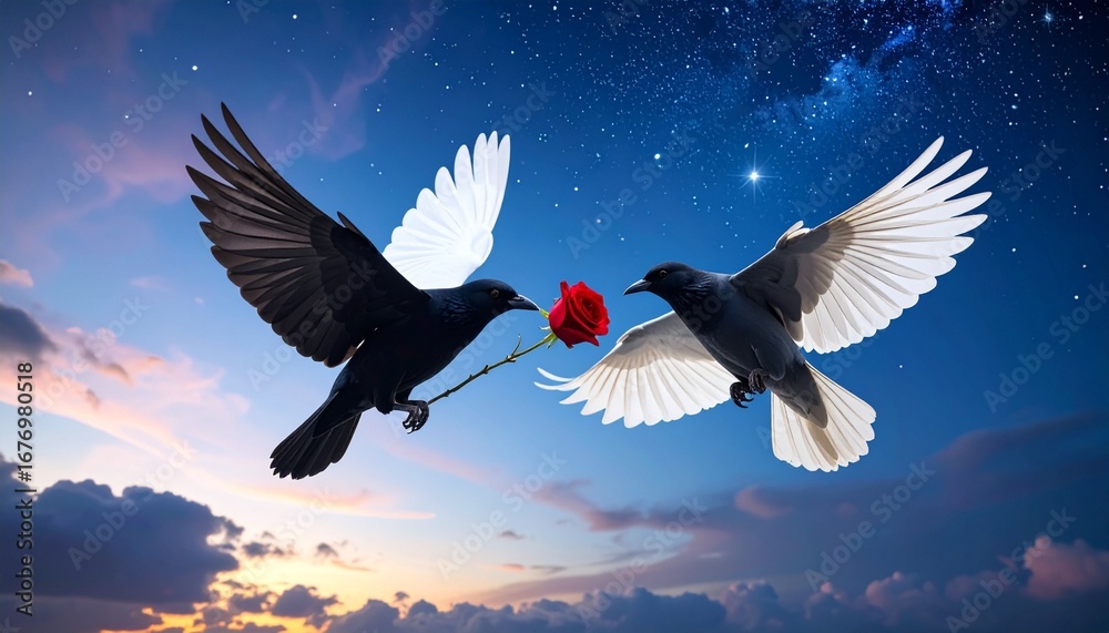Obraz premium Black and White Birds Holding Red Rose at Twilight with Starry Sky