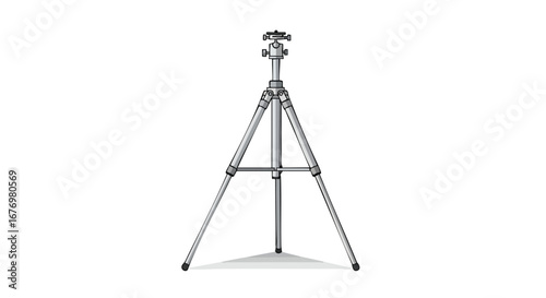 A Clean Graphic Style Image of a Standard Aluminum Photography Tripod Isolated on White, Ideal for Stock Photography and Design Projects