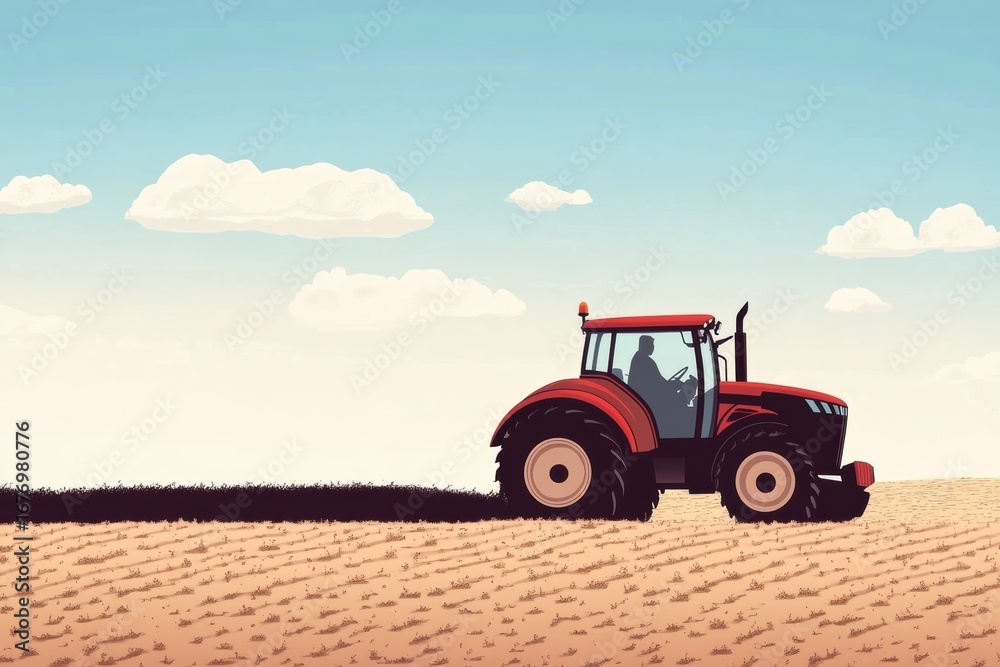 Obraz premium Tractor working on farmland creating straight lines in the soil under a clear blue sky
