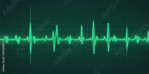 Abstract blue and green heartbeat pulse on an EKG monitor, showing a health graph and medical cardiogram wave